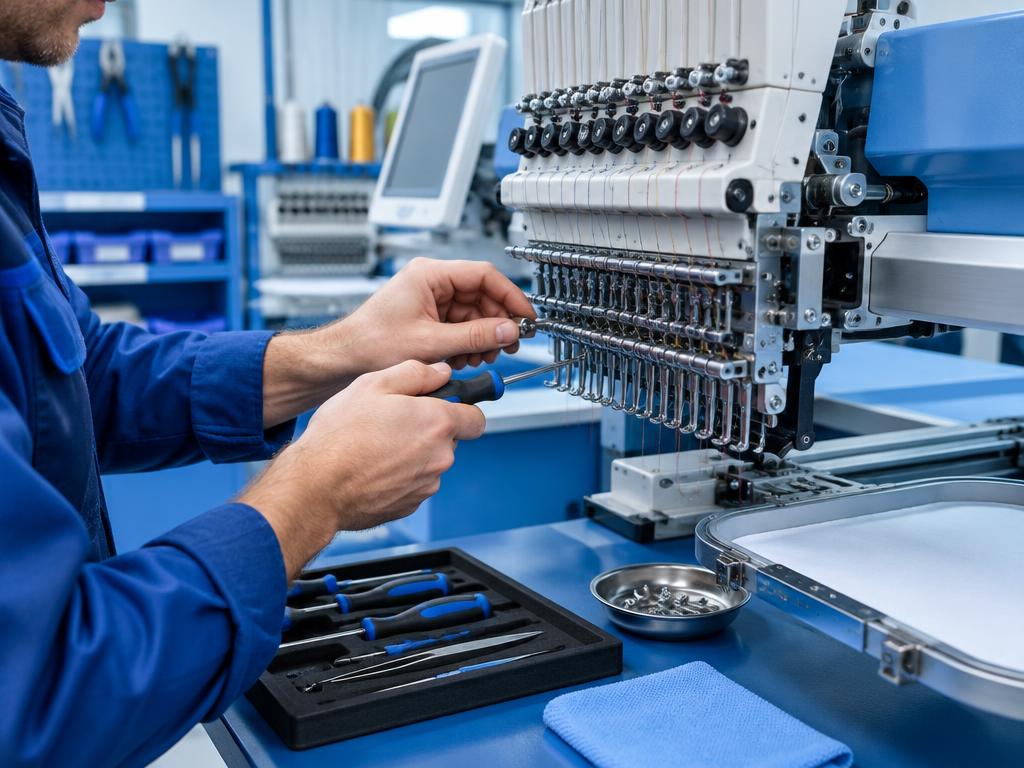 Technician servicing an embroidery head